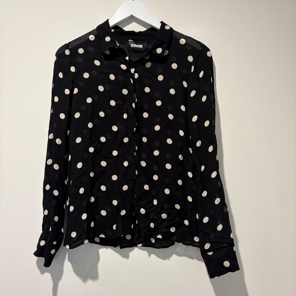 Reformation Black Polka Dot Button Down Blouse Long Sleeve Viscose Size L